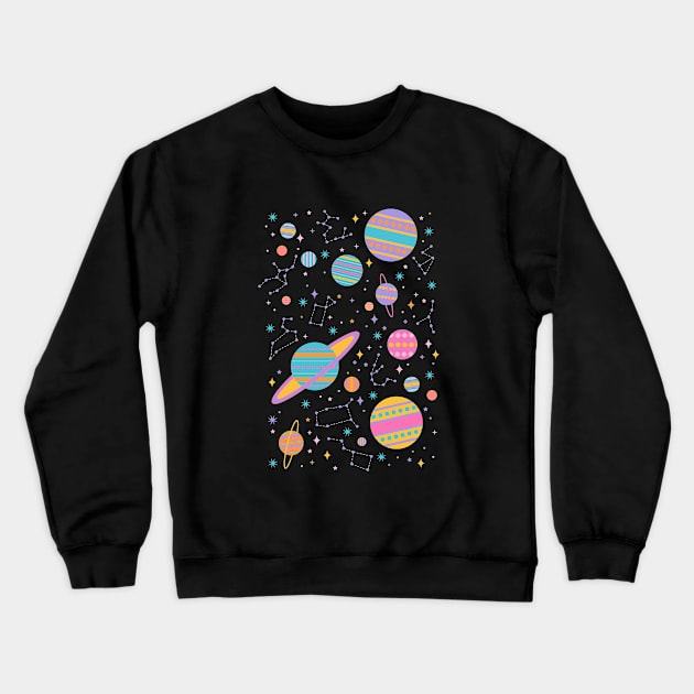 Neon Geometric Space on Black Crewneck Sweatshirt by latheandquill